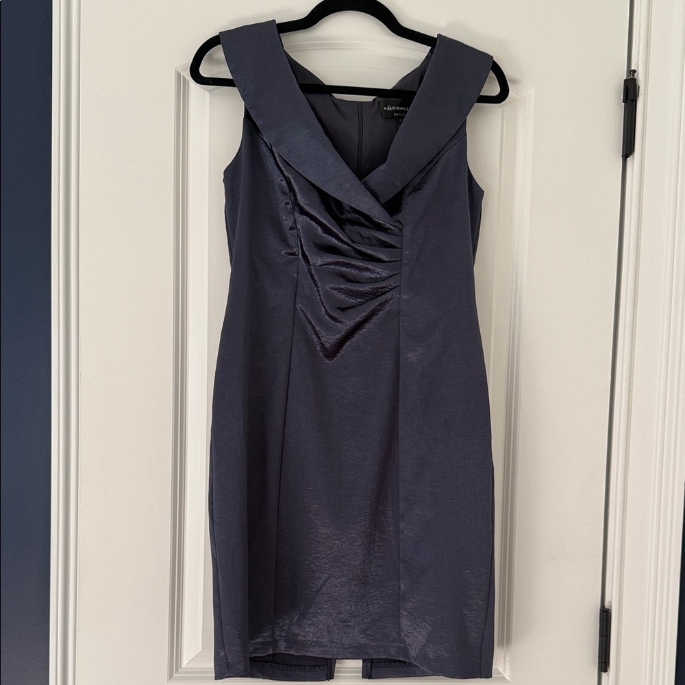 Connected Petite Elegant Satin Dress in Rich Grey Blue